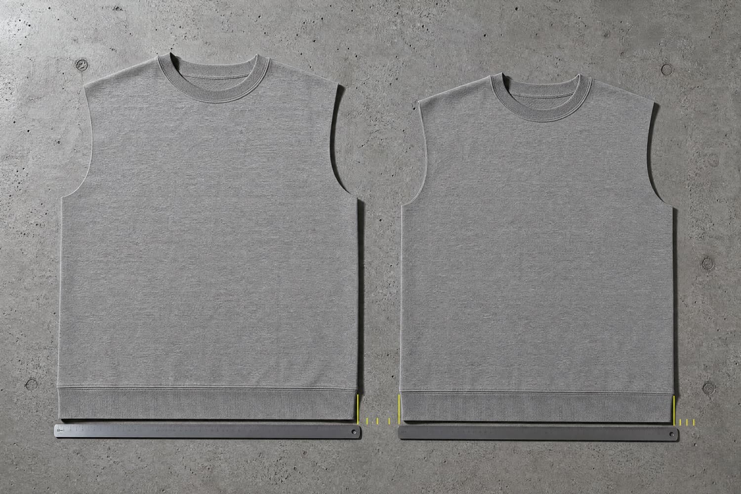 Two identical knit panels laid side by side against steel rules, the right one measurably shorter after washing