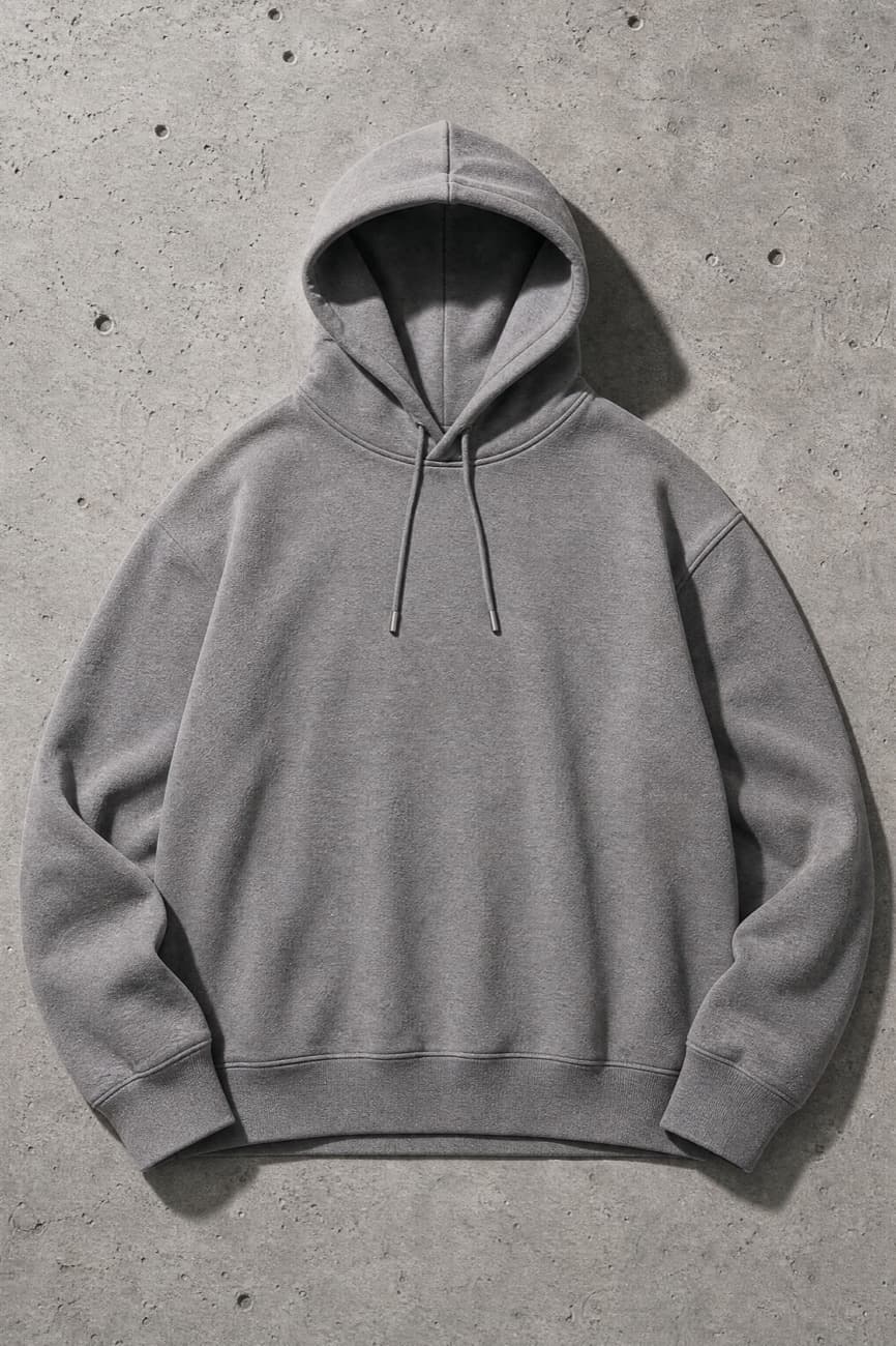 Hoodies, laid flat and squared up against concrete