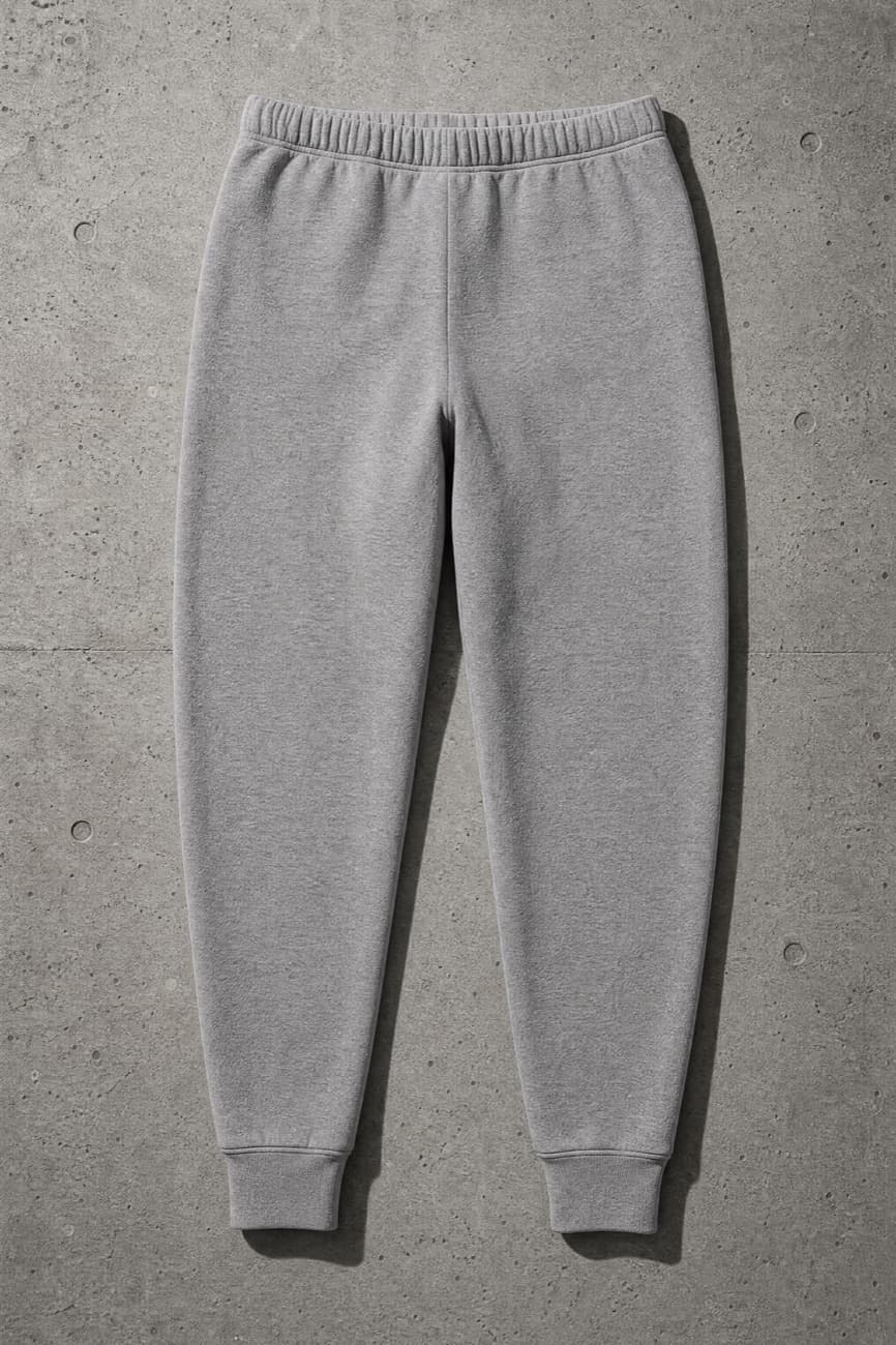 Sweatpants, laid flat and squared up against concrete